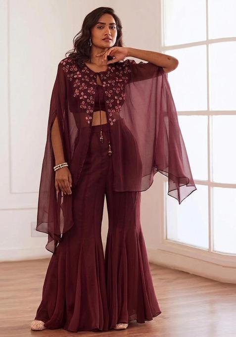 Wine Embroidered Handwork Fusion Set