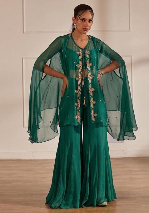 Bottle Green Embroidered Handwork Fusion Set