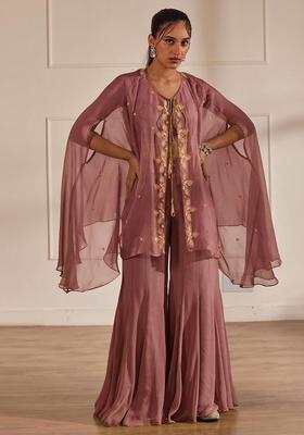 Mauve Embroidered Handwork Fusion Set