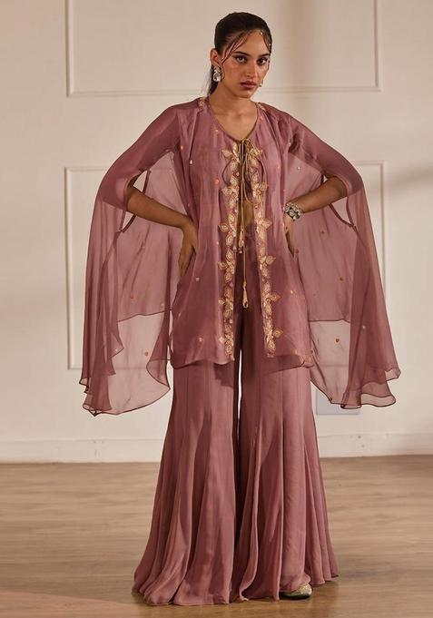 Mauve Embroidered Handwork Fusion Set
