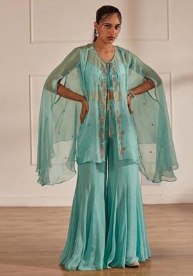 Pastel Blue Embroidered Handwork Fusion Set