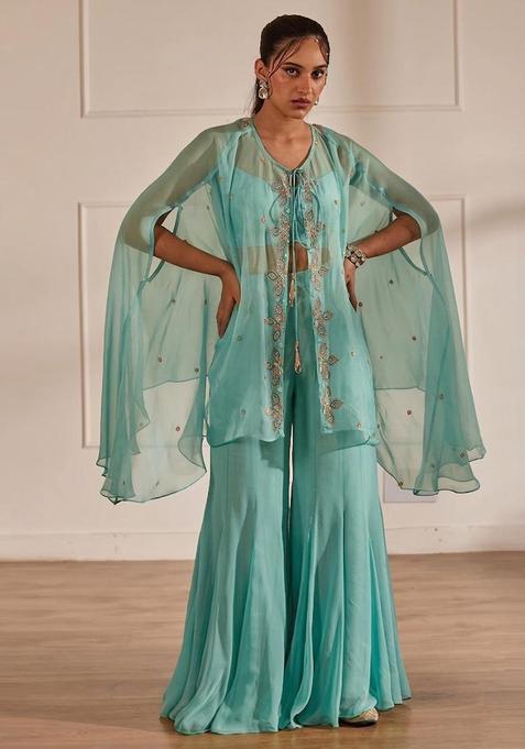 Pastel Blue Embroidered Handwork Fusion Set