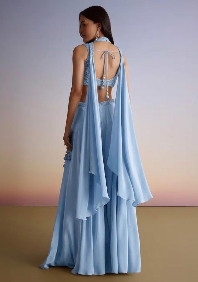 Powder Blue Embroidered Handwork Fusion Set - Indya