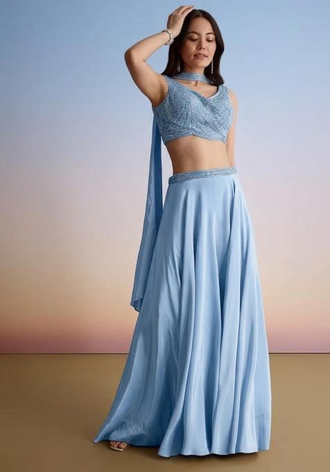 Powder Blue Embroidered Handwork Fusion Set