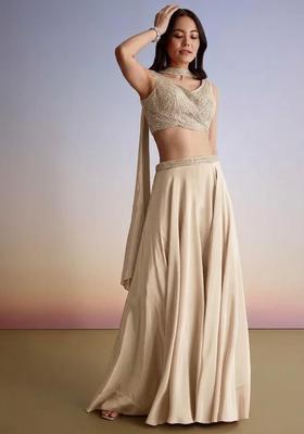 Beige Embroidered Handwork Fusion Set