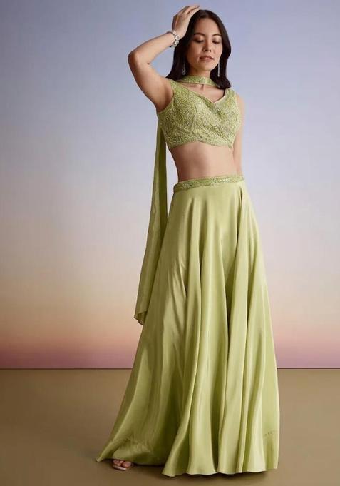 Green Embroidered Handwork Fusion Set
