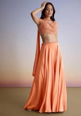 Peach Embroidered Handwork Fusion Set
