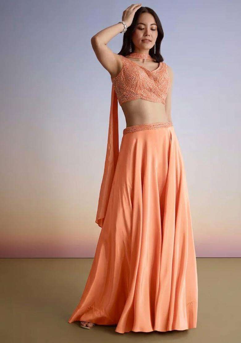 Peach Embroidered Handwork Fusion Set - Indya