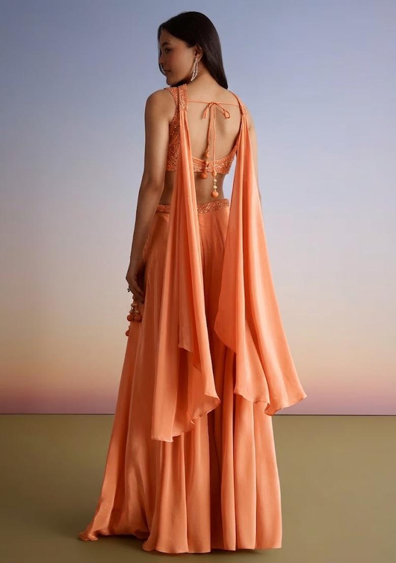 Peach Embroidered Handwork Fusion Set - Indya