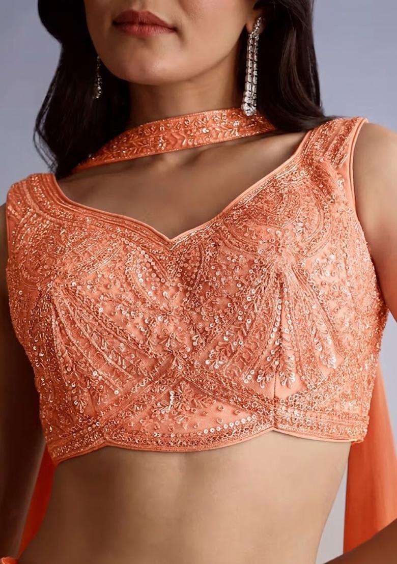 Peach Embroidered Handwork Fusion Set - Indya