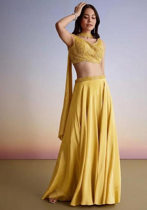 Yellow Embroidered Handwork Fusion Set
