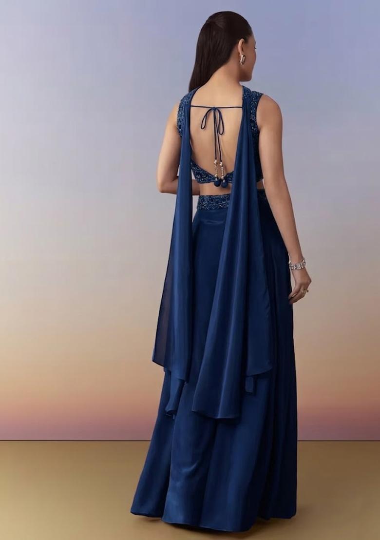 Midnight Blue Embroidered Handwork Fusion Set - Indya