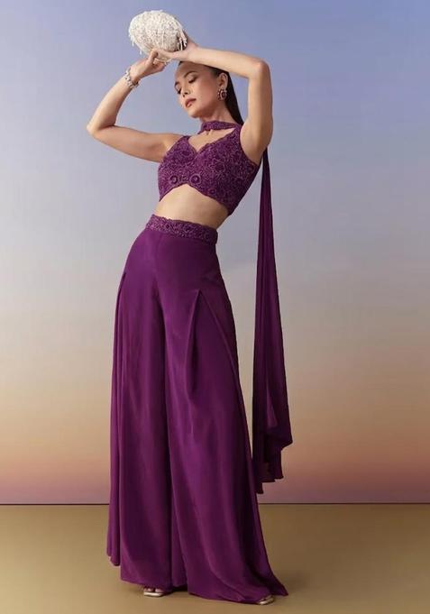 Purple Embroidered Handwork Fusion Set