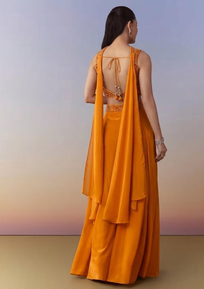 Mustard Yellow Embroidered Handwork Fusion Set - Indya