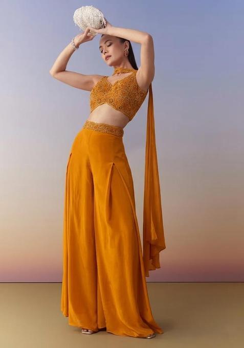 Mustard Yellow Embroidered Handwork Fusion Set