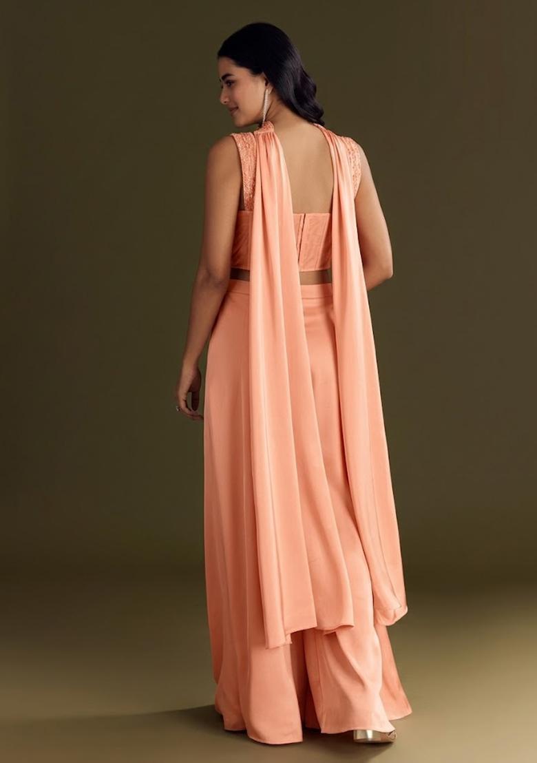Peach Embroidered Handwork Fusion Set - Indya