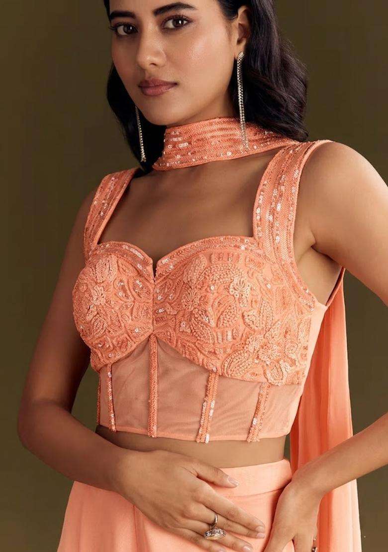 Peach Embroidered Handwork Fusion Set - Indya