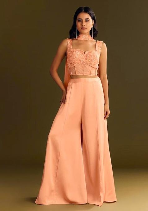 Peach Embroidered Handwork Fusion Set