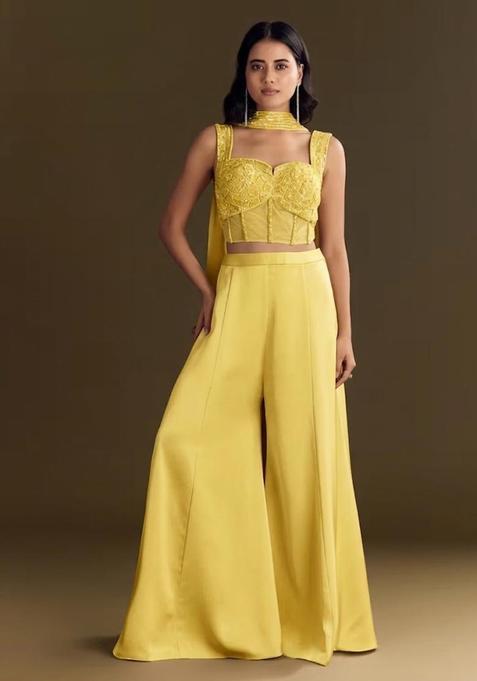 Yellow Embroidered Handwork Fusion Set