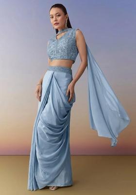Dusty Blue Embroidered Handwork Fusion Set