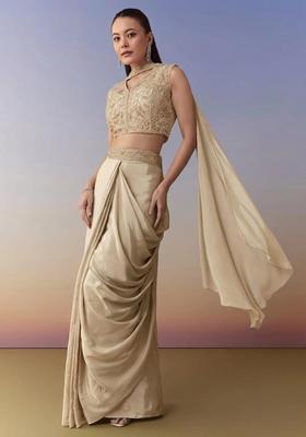 Beige Embroidered Handwork Fusion Set
