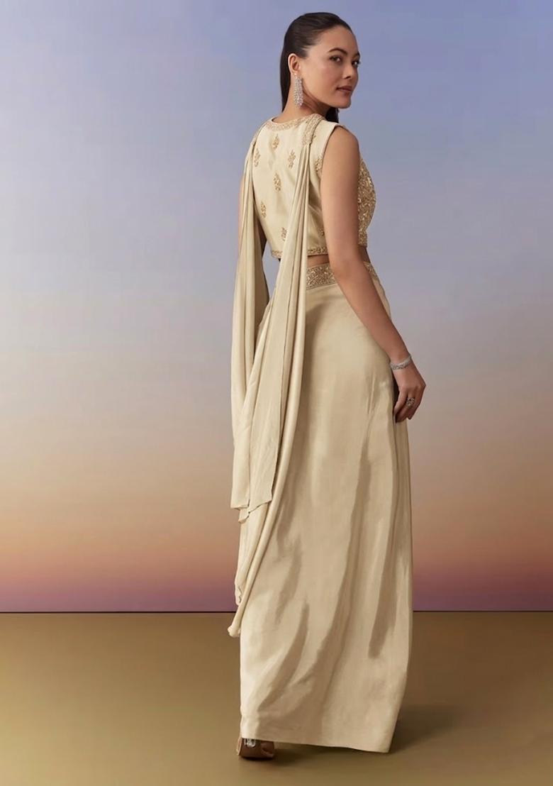 Beige Embroidered Handwork Fusion Set - Indya