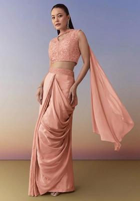 Peach Embroidered Handwork Fusion Set