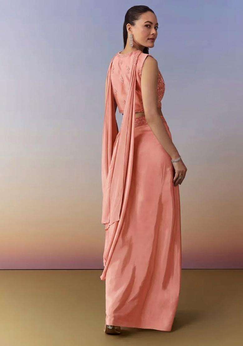 Peach Embroidered Handwork Fusion Set - Indya