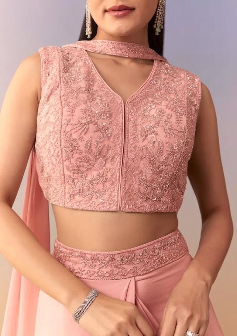 Peach Embroidered Handwork Fusion Set - Indya