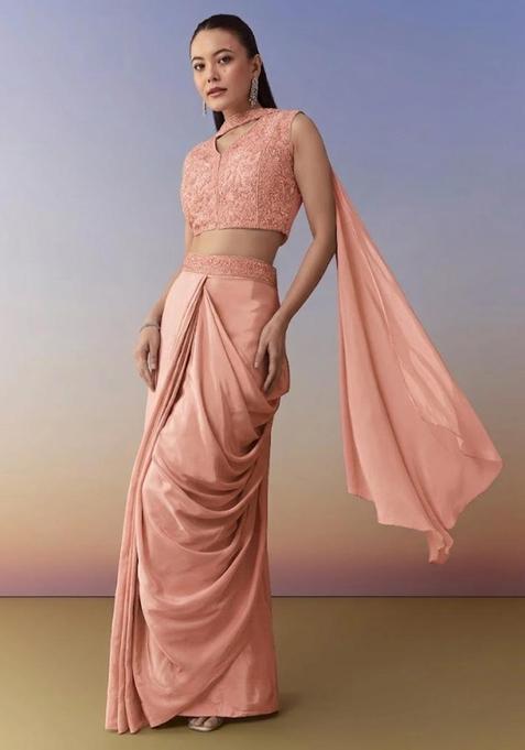 Peach Embroidered Handwork Fusion Set