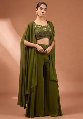 Olive Green Embroidered Handwork Fusion Set