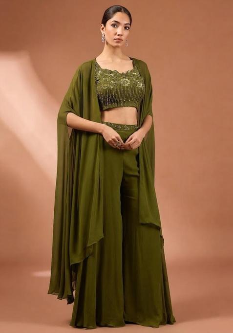 Olive Green Embroidered Handwork Fusion Set