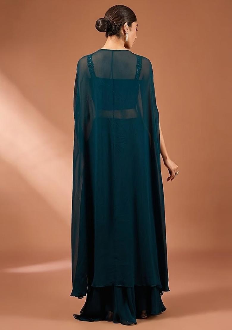 Teal Embroidered Handwork Fusion Set - Indya