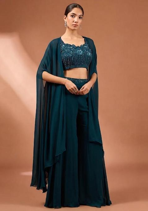 Teal Embroidered Handwork Fusion Set