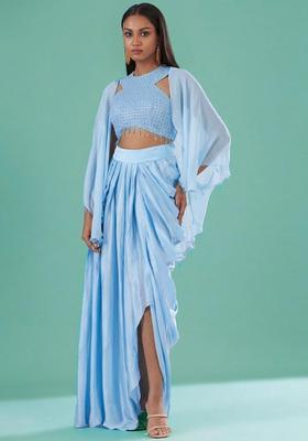 Ice Blue Embellished Handwork Fusion Set