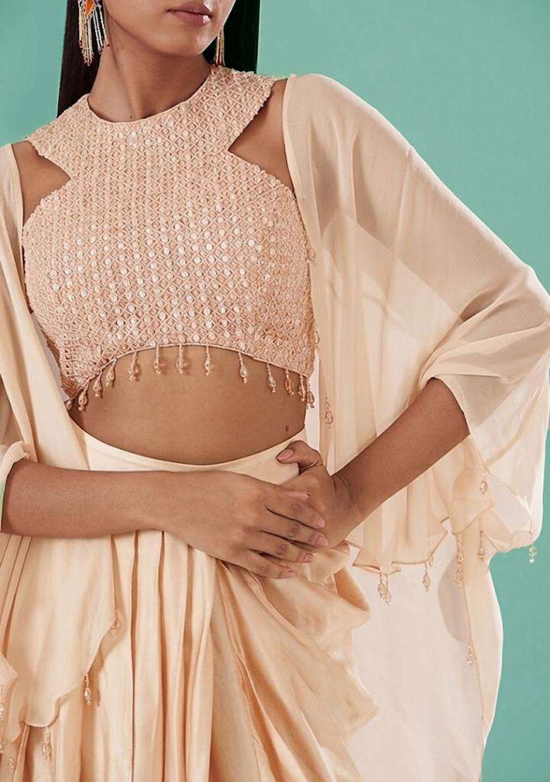 Peach Embellished Handwork Fusion Set - Indya