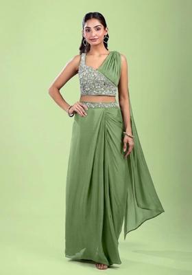 Mint Green Embroidered Handwork Pre Draped Saree Set