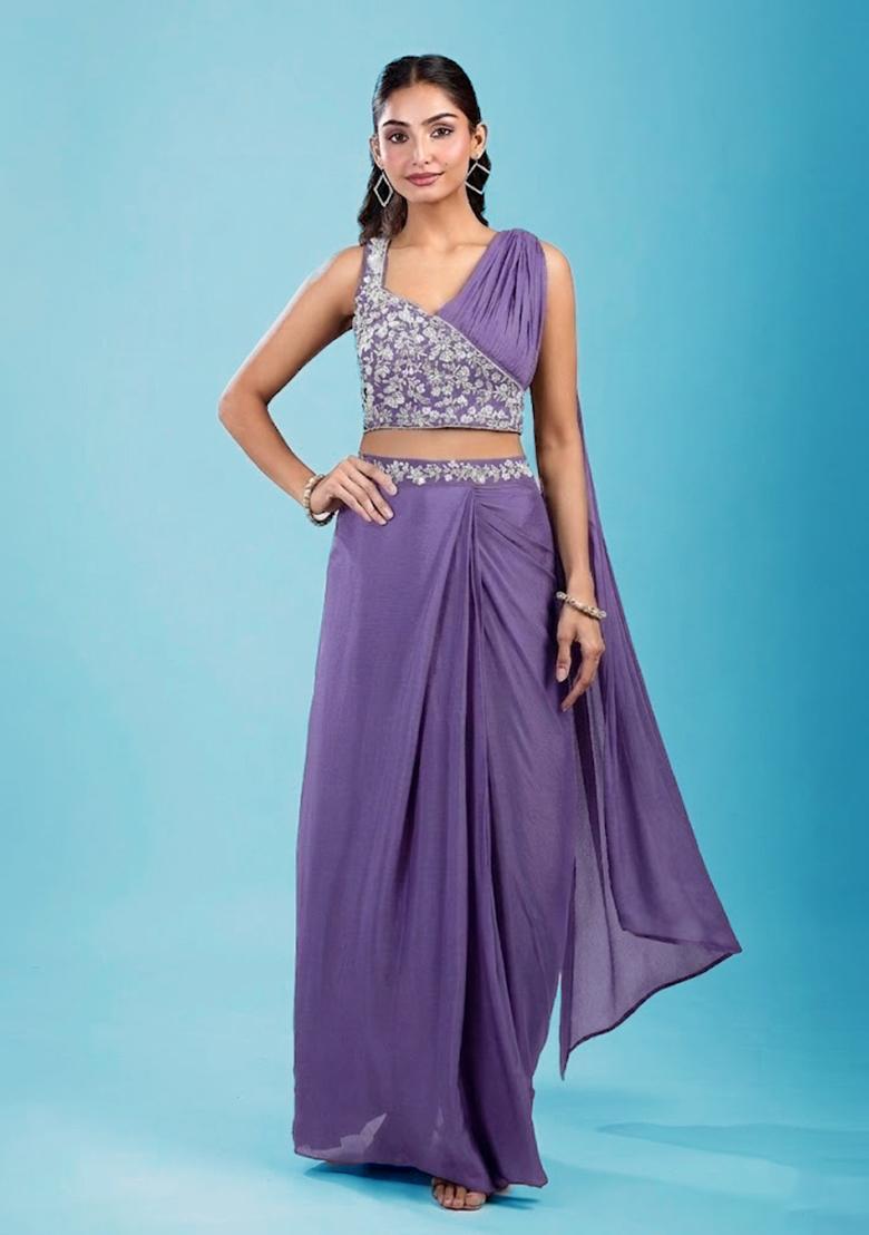 Lavendar Embroidered Handwork Pre Draped Saree Set - Indya