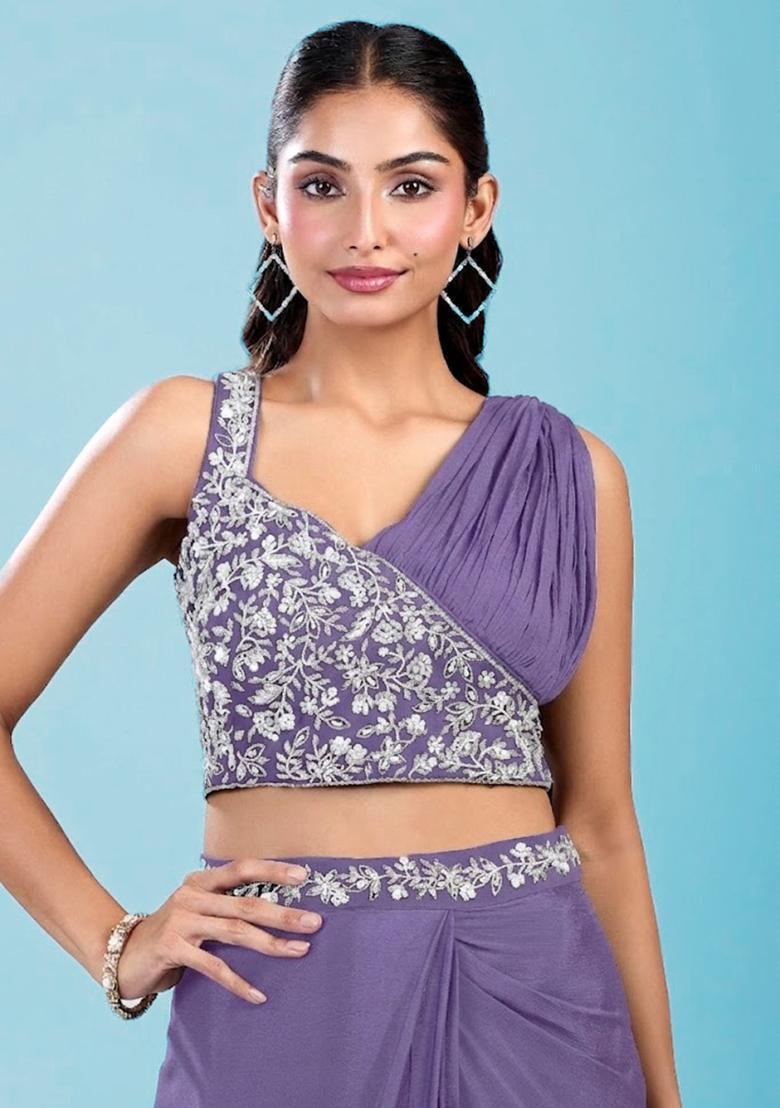 Lavendar Embroidered Handwork Pre Draped Saree Set - Indya