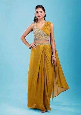 Mustard Yellow Embroidered Handwork Pre Draped Saree Set