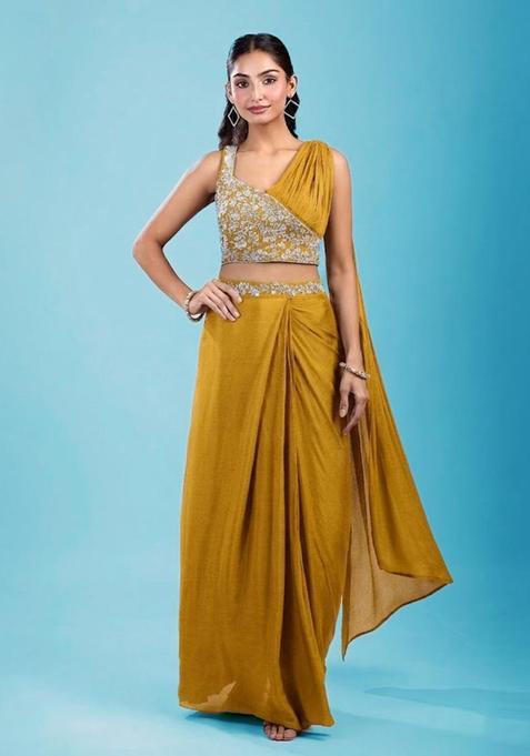 Mustard Yellow Embroidered Handwork Pre Draped Saree Set