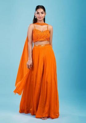 Orange Embroidered Handwork Lehenga Set