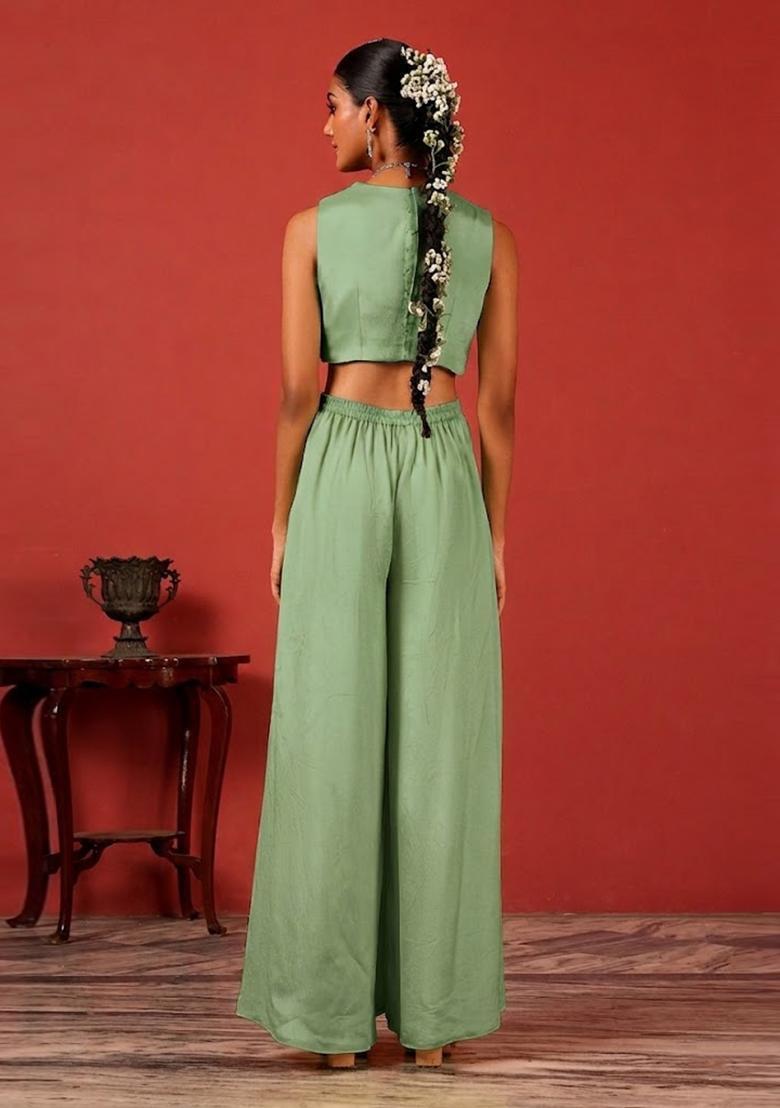 Pastel Green Embroidered Handwork Fusion Set - Indya