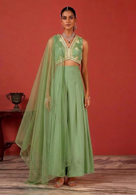 Pastel Green Embroidered Handwork Fusion Set