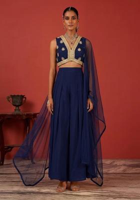 Navy Blue Embroidered Handwork Fusion Set