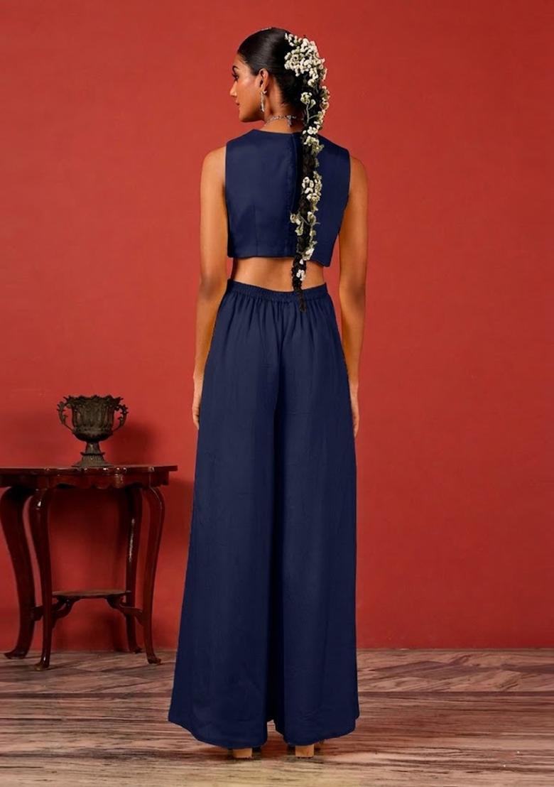 Navy Blue Embroidered Handwork Fusion Set - Indya