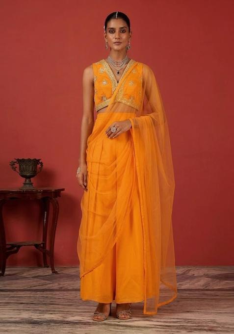 Orange Embroidered Handwork Fusion Set