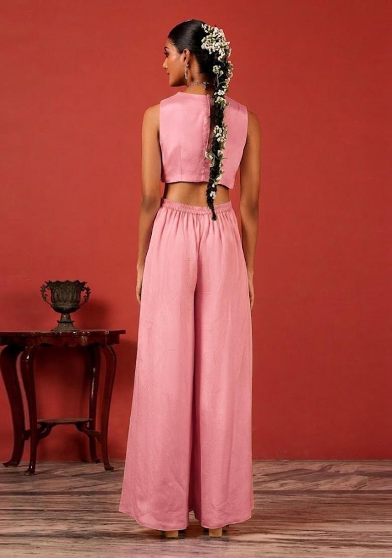 Rose Pink Embroidered Handwork Fusion Set - Indya