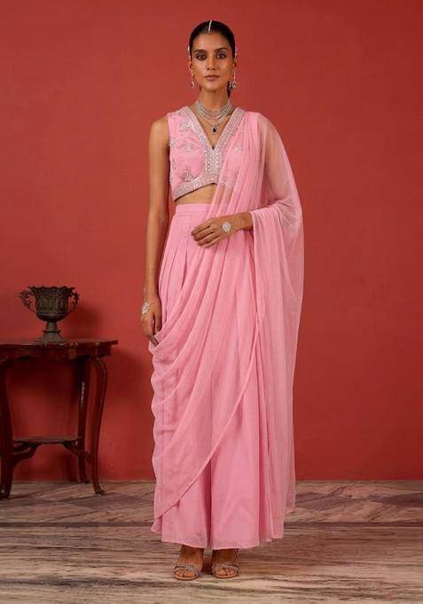 Rose Pink Embroidered Handwork Fusion Set