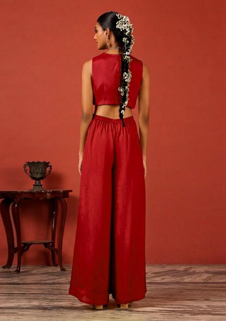 Maroon Embroidered Handwork Fusion Set - Indya